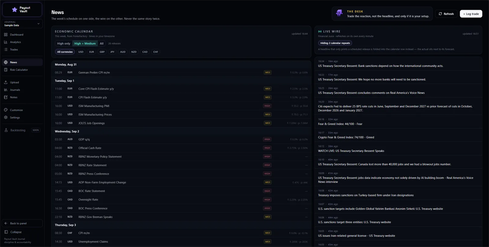 The news screen: the week's economic calendar on one side and a live headline wire on the other.