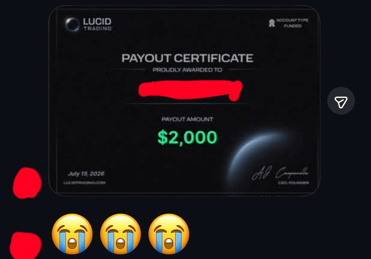 Lucid Trading payout certificate for a 2,000 dollar payout on a funded account.